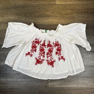 United Colors of Benetton Women’s Boho Short Sleeve Embroidered Blouse Size XS